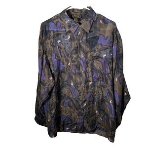 Pure Shirt Men's Large 100% Silk Printed Artsy Button Down Long Sleeve